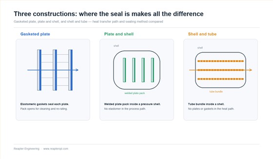 Construction comparison of gasketed plate, plate and shell, and shell and tube heat exchangers