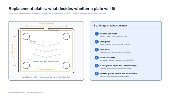 Plate heat exchanger replacement plate identification: the six dimensions that must match, including port pitch, port bore, plate thickness, chevron angle and gasket groove profile Plate heat exchanger replacement plate identification: the six dimensions that must match, including port pitch, port bore, plate thickness, chevron angle and gasket groove profile