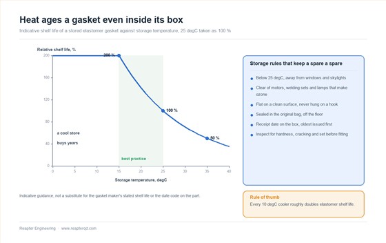 Curve showing how the useful shelf life of a stored elastomer gasket falls as storage temperature rises, with the shaded best-practice band between 15 and 25 degrees C, a marked point at 25 degrees C taken as the 100 percent reference, and a side panel listing storage rules covering darkness, ozone sources, flat support, original packaging and first-in first-out rotation Curve showing how the useful shelf life of a stored elastomer gasket falls as storage temperature rises, with the shaded best-practice band between 15 and 25 degrees C, a marked point at 25 degrees C taken as the 100 percent reference, and a side panel listing storage rules covering darkness, ozone sources, flat support, original packaging and first-in first-out rotation