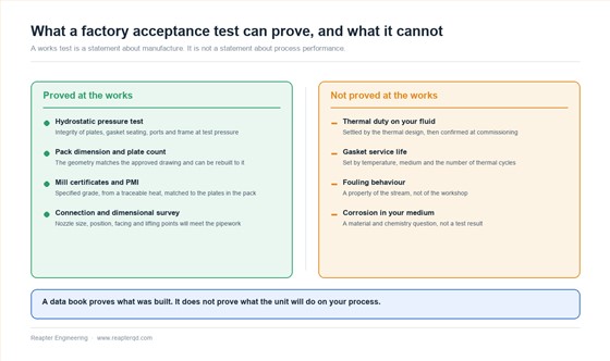 Two-column diagram separating the evidence a factory acceptance test of a plate heat exchanger can establish, covering hydrostatic pressure test, pack dimension and plate count, mill certificates and positive material identification, and connection survey, from the evidence it cannot establish, covering thermal duty on process fluids, gasket service life, fouling behaviour and corrosion resistance in the actual medium Two-column diagram separating the evidence a factory acceptance test of a plate heat exchanger can establish, covering hydrostatic pressure test, pack dimension and plate count, mill certificates and positive material identification, and connection survey, from the evidence it cannot establish, covering thermal duty on process fluids, gasket service life, fouling behaviour and corrosion resistance in the actual medium