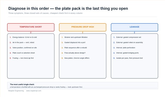 Troubleshooting order for plate heat exchangers: three symptom columns covering temperature shortfall, high pressure drop and leakage, each with five checks from cheapest to most invasive