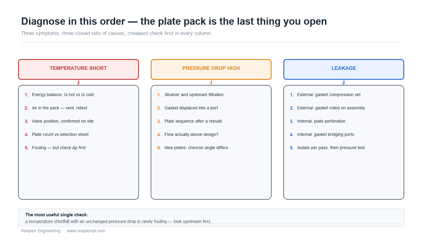 Troubleshooting order for plate heat exchangers: three symptom columns covering temperature shortfall, high pressure drop and leakage, each with five checks from cheapest to most invasive